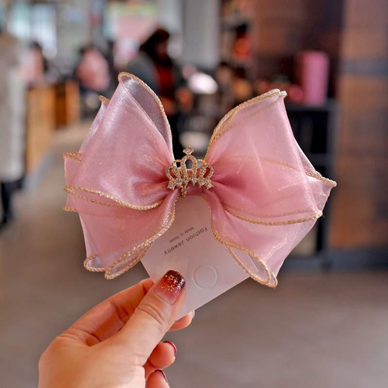 Luxury Modern Pearl Handmade Baby Girls Bowknot Crown Headband Lace Elastic Hair Band Bow For Girls Baby