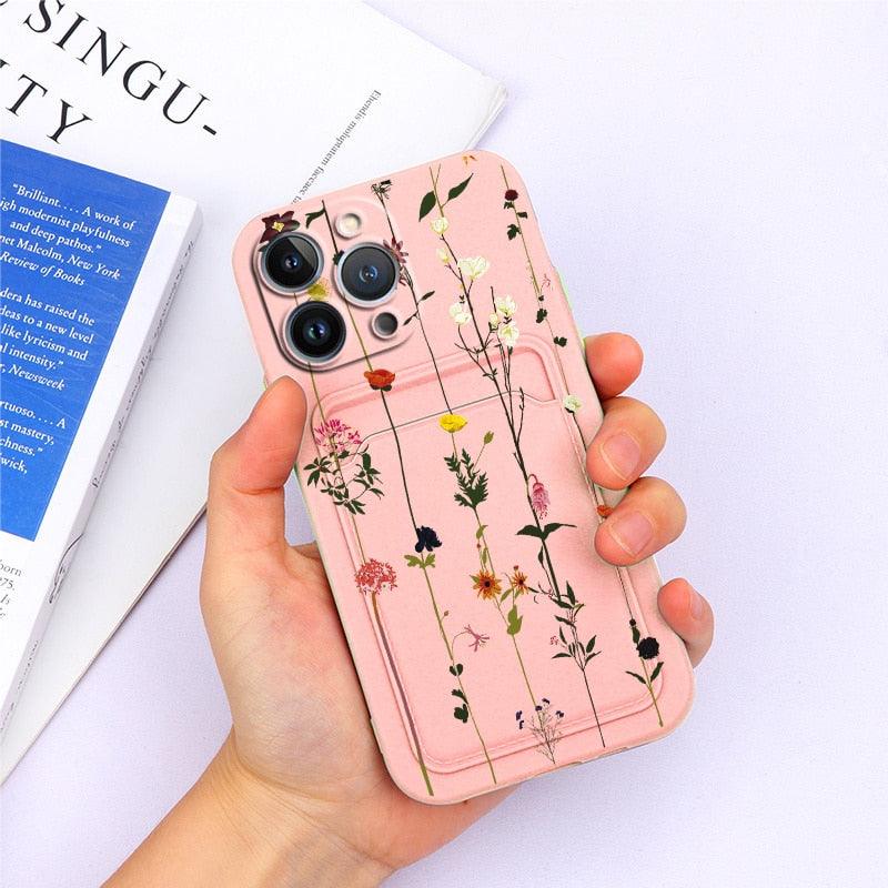 Charming Silicone Soft Anti-Scratch Cases For iPhone 13 Pro Max Case Silicone Wallet Card Holder Cover For iPhone 13 Mini 13ProMax 13Pro Flower Butterfly Beautiful Design Card Holder iPhone Case