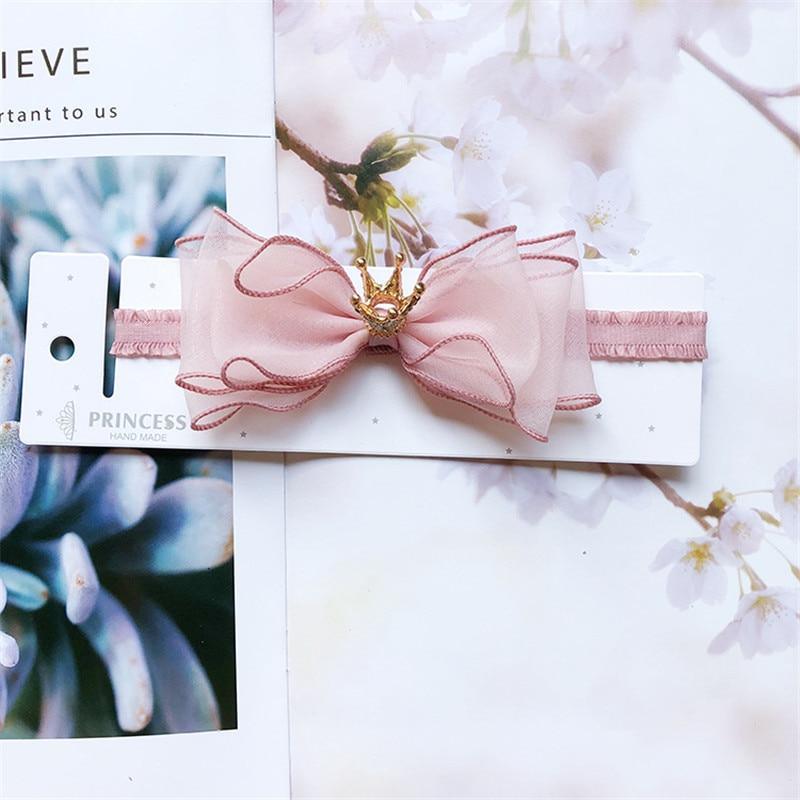 Luxury Modern Pearl Handmade Baby Girls Bowknot Crown Headband Lace Elastic Hair Band Bow For Girls Baby