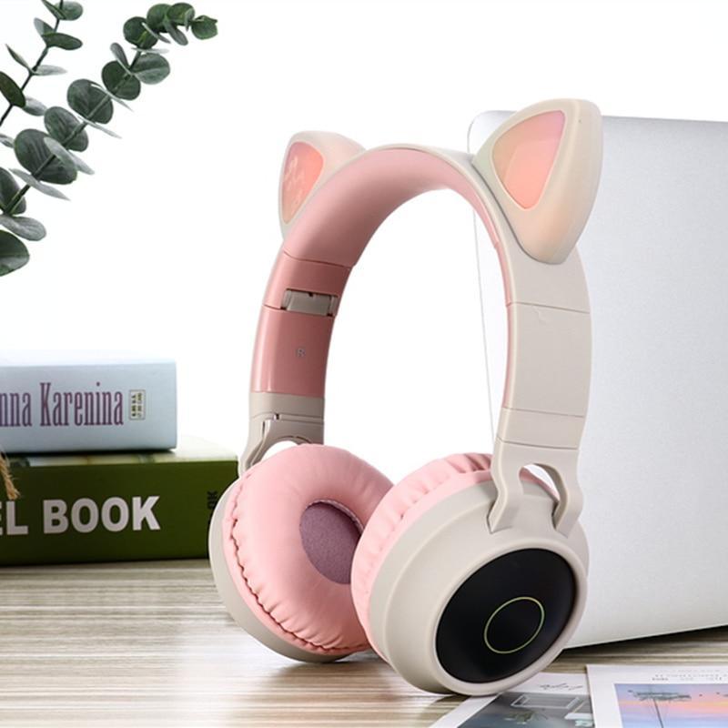 STEVVEX New Luxury Interesting LED Cat Ear Noise Cancelling Headphones Bluetooth 5.0  For Young People and  Kids Headset Support TF Card 3.5mm Plug With Mic