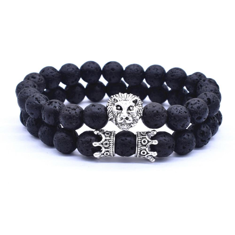 Classic Vintage Elegant Lion Head and Luxury Crown Charm Bracelet Natural Lava Stone Beads Amazing Bracelet Great For Men Fashion Jewelry