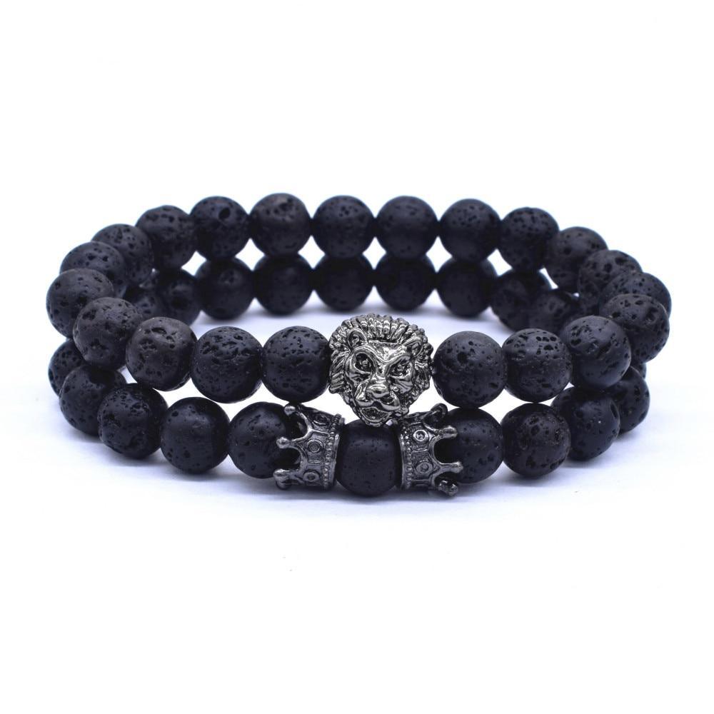 Classic Vintage Elegant Lion Head and Luxury Crown Charm Bracelet Natural Lava Stone Beads Amazing Bracelet Great For Men Fashion Jewelry