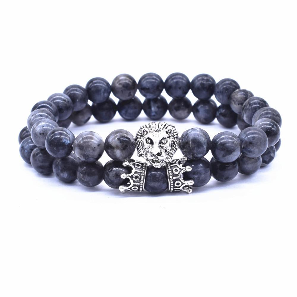 Classic Vintage Elegant Lion Head and Luxury Crown Charm Bracelet Natural Lava Stone Beads Amazing Bracelet Great For Men Fashion Jewelry
