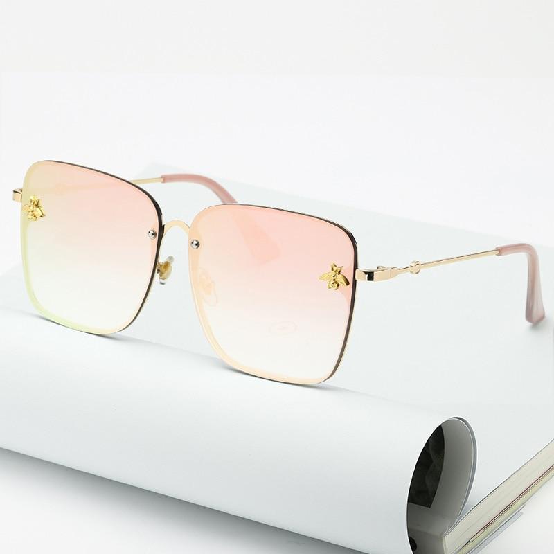 New Fashion Lady Oversize Rimless Square Bee Sunglasses For Women  With Small Bee Glasses Design Gradient Sunglasses With UV400