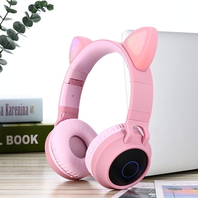 STEVVEX New Luxury Interesting LED Cat Ear Noise Cancelling Headphones Bluetooth 5.0  For Young People and  Kids Headset Support TF Card 3.5mm Plug With Mic
