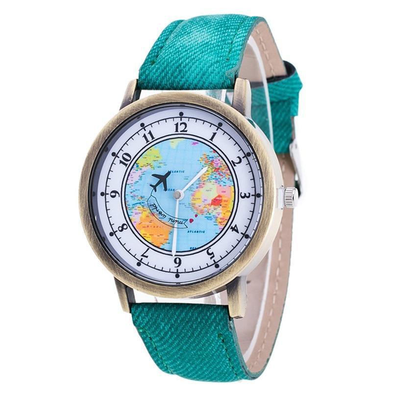 Fashion Casual Watches Women Casual Wristwatch Personality World Map With Airplane Pattern Cowboy Band Quartz Watch For Woman  and Girls