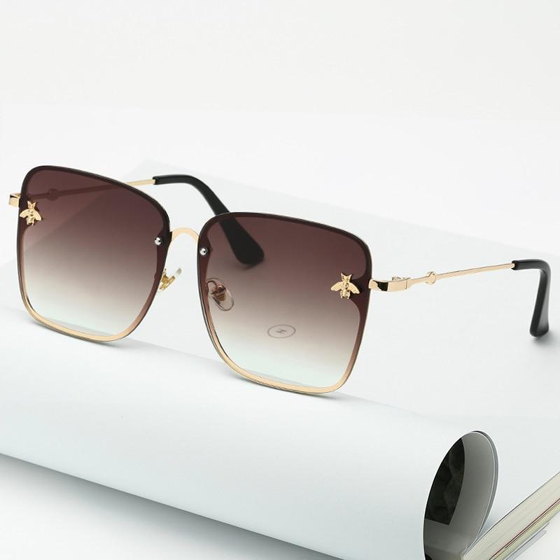 New Fashion Lady Oversize Rimless Square Bee Sunglasses For Women  With Small Bee Glasses Design Gradient Sunglasses With UV400