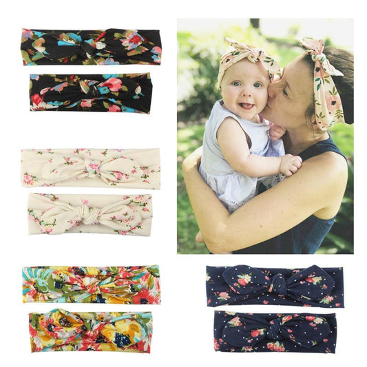 Modern Handmade Mother Baby Turban Matching Headband Mom Daughter Rabbit Ears Headbands Floral Print Bow