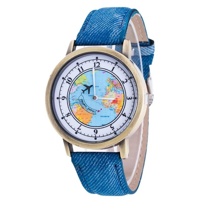 Fashion Casual Watches Women Casual Wristwatch Personality World Map With Airplane Pattern Cowboy Band Quartz Watch For Woman  and Girls