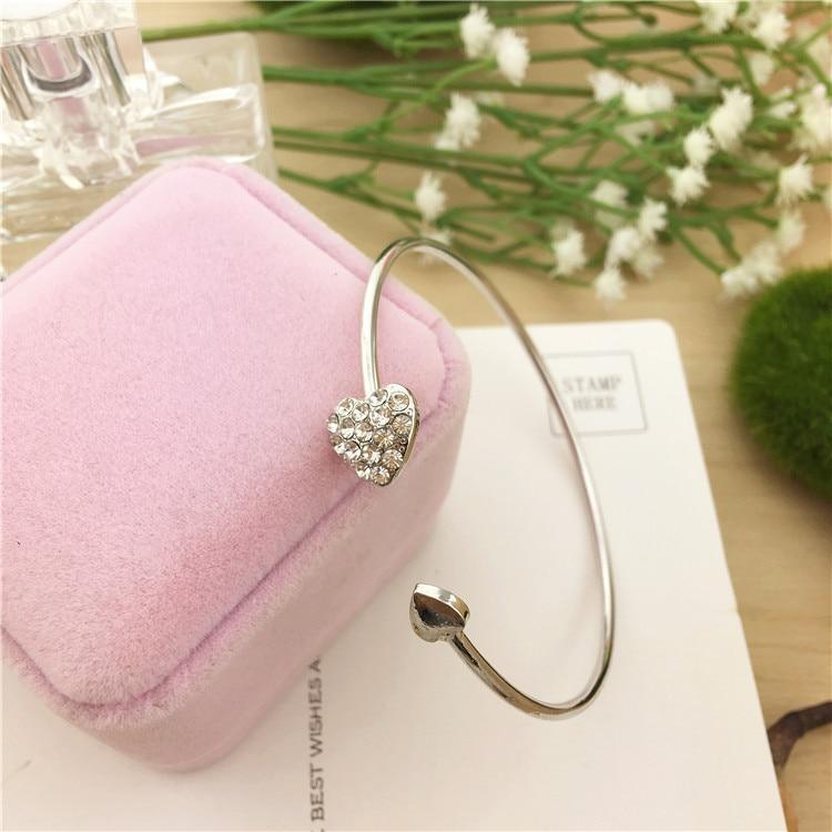 New Fashion Adjustable Stainless Steel Crystal Double Heart Bow Cuff Opening Bracelet For Women Jewelry Gift