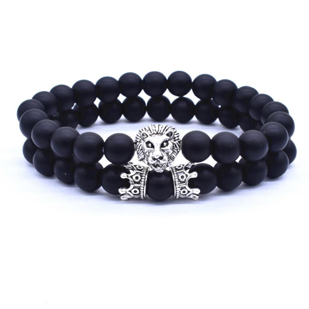 Classic Vintage Elegant Lion Head and Luxury Crown Charm Bracelet Natural Lava Stone Beads Amazing Bracelet Great For Men Fashion Jewelry