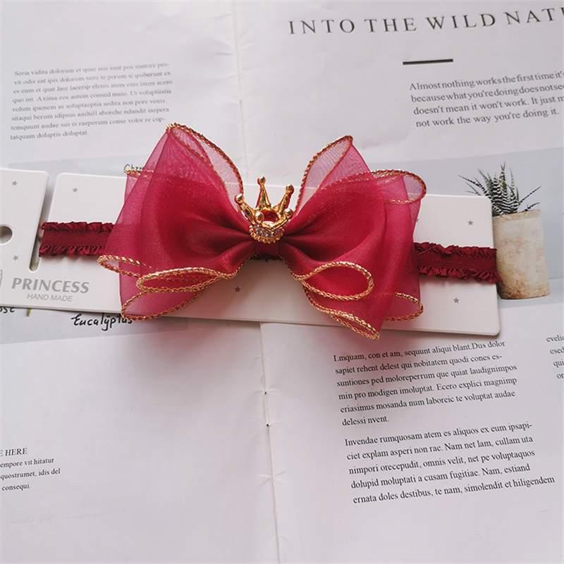 Luxury Modern Pearl Handmade Baby Girls Bowknot Crown Headband Lace Elastic Hair Band Bow For Girls Baby