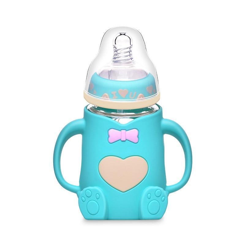 Infant Cartoon Baby Cute Feeding Glass Bottle Safe Silicone Milk Bottle With Handle Newborn Drink Training Colorful Feeding Bottles
