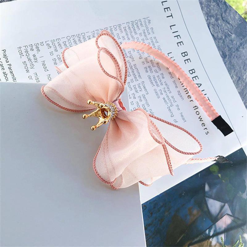 Luxury Modern Pearl Handmade Baby Girls Bowknot Crown Headband Lace Elastic Hair Band Bow For Girls Baby