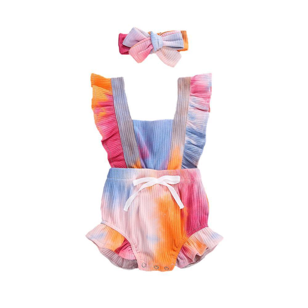 Luxury Modern New Printed Colorful Toddler Girls Rompers With Headband Ruffles Short Sleeve Printed Backless Jumpsuits
