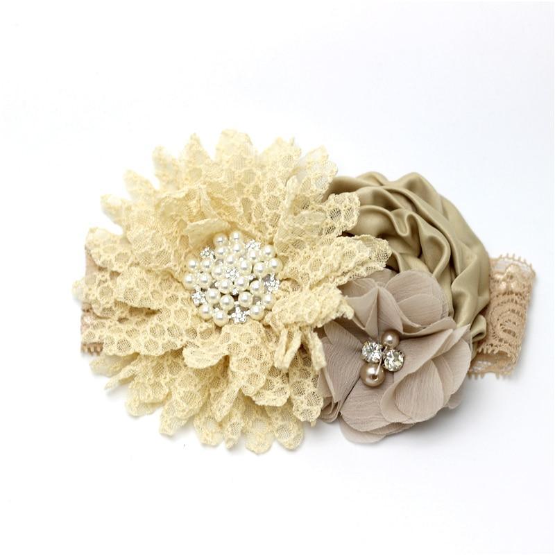 Luxury Modern Handmade Flower Headband Newborn Infant Pearl Flowers With Lace wide Headbands Bebes Hair Accessories Bow