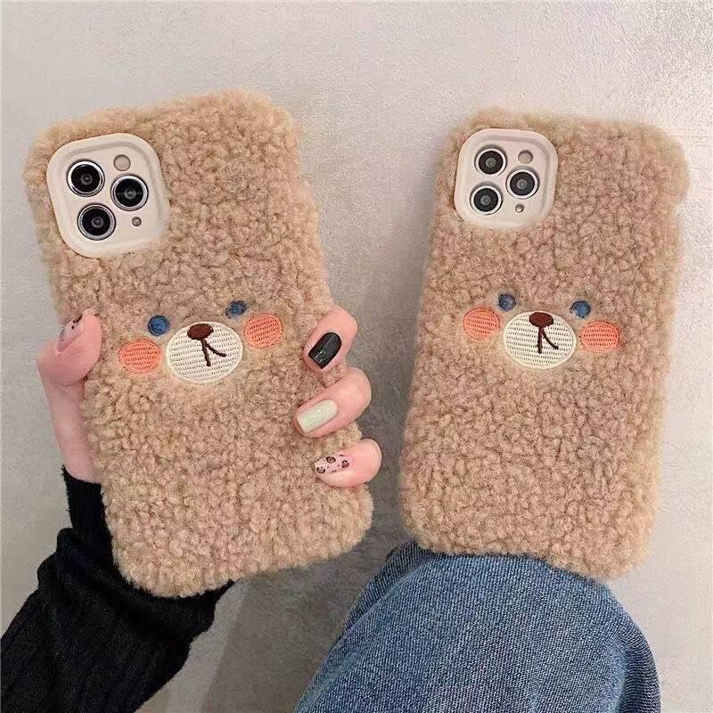 Cute Brown Bear Plush Phone Case For Iphone 14 11 12 13 Pro Max 7 8 X XS Max XR SE2 Autumn And Winter Shockproof Full Case Cover Cute Bear Animal Winter Warm Plush Fabric Phone Case