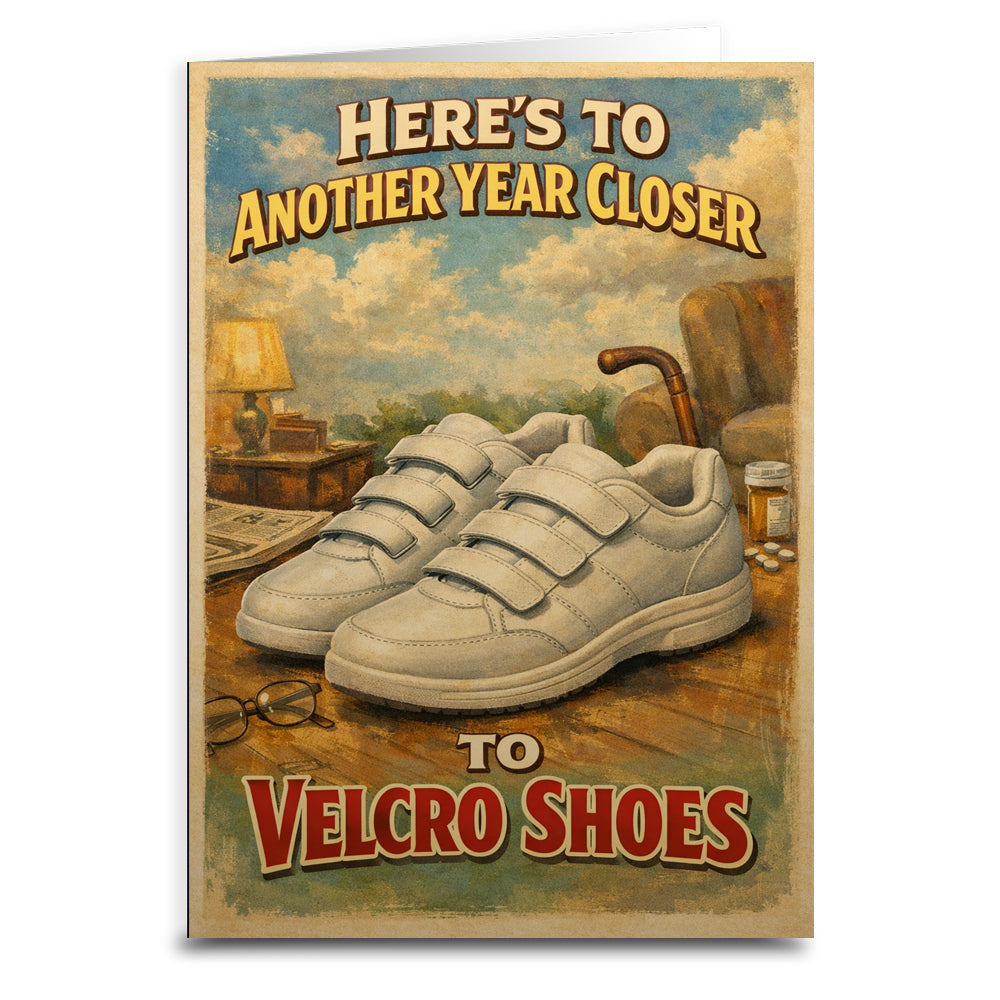 Heres to Another Year Closer to Velcro Shoes Birthday Card