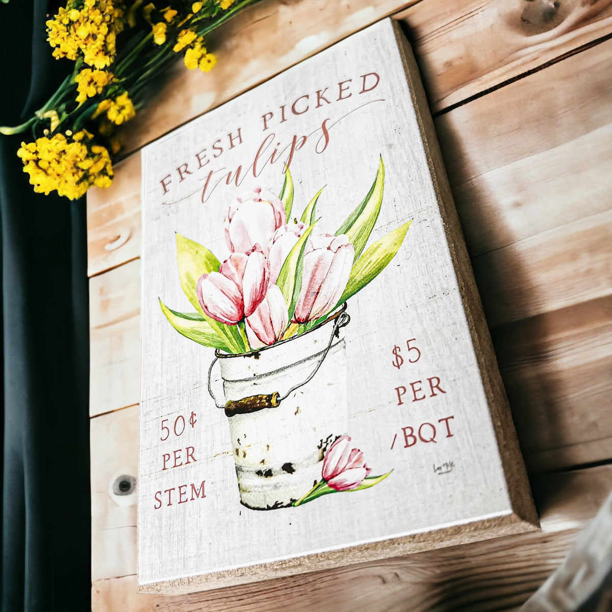 Panneau en bois « Fresh Tulips » – Décoration florale de ferme rustique pour printemps/été, à poser sur une étagère