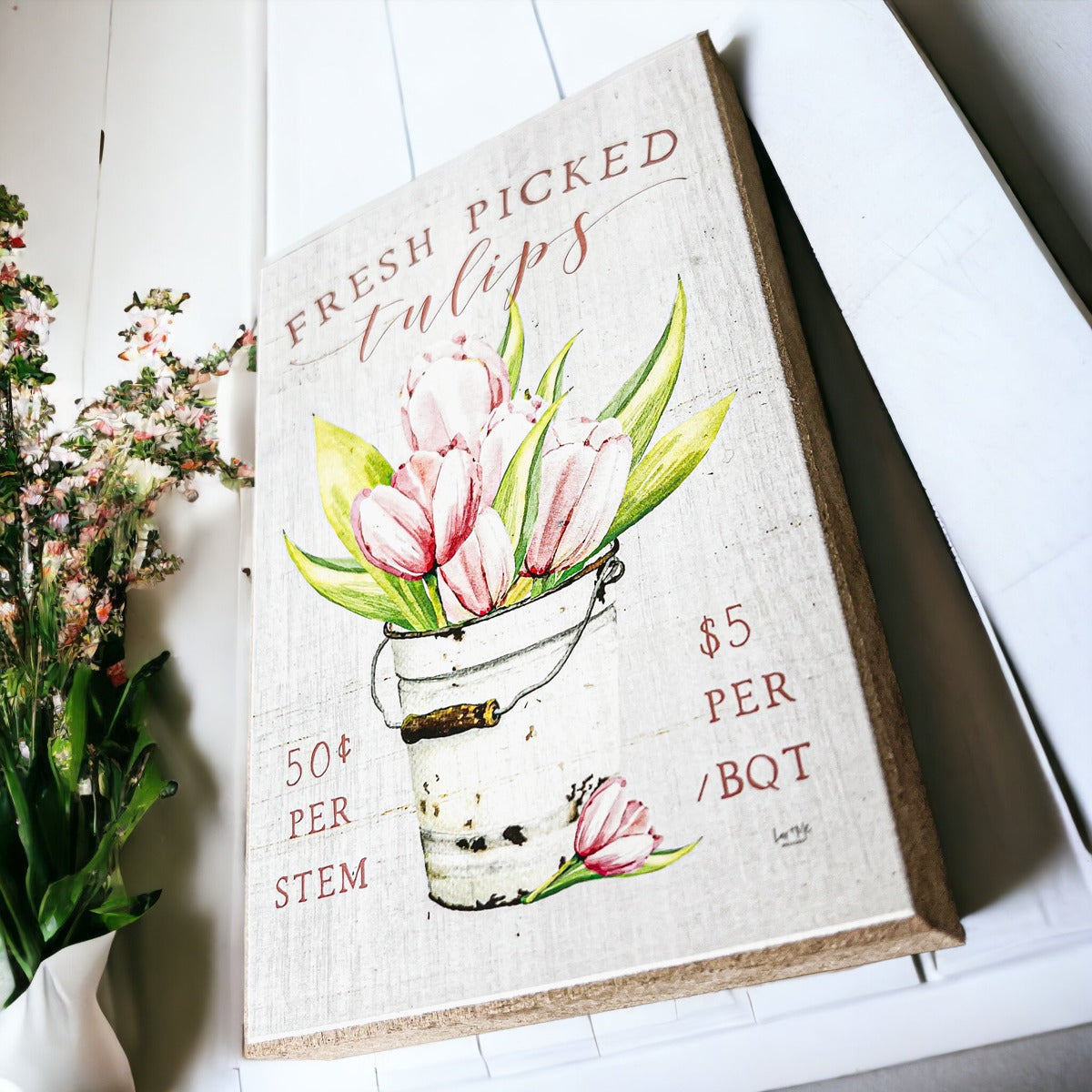 Panneau en bois « Fresh Tulips » – Décoration florale de ferme rustique pour printemps/été, à poser sur une étagère