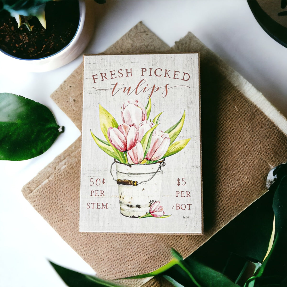 Fresh Tulips Wooden Block Sign Spring Summer Farmhouse Floral Home Decor Rustic Shelf Sitter