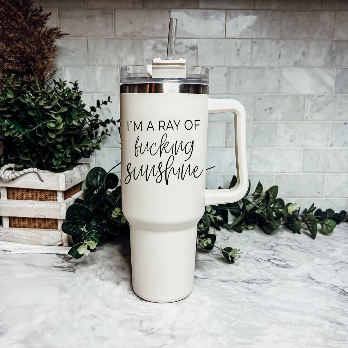 Ray Of Sunshine 40oz Isolierter Reisebecher mit Griff, Deckel und Strohhalm
