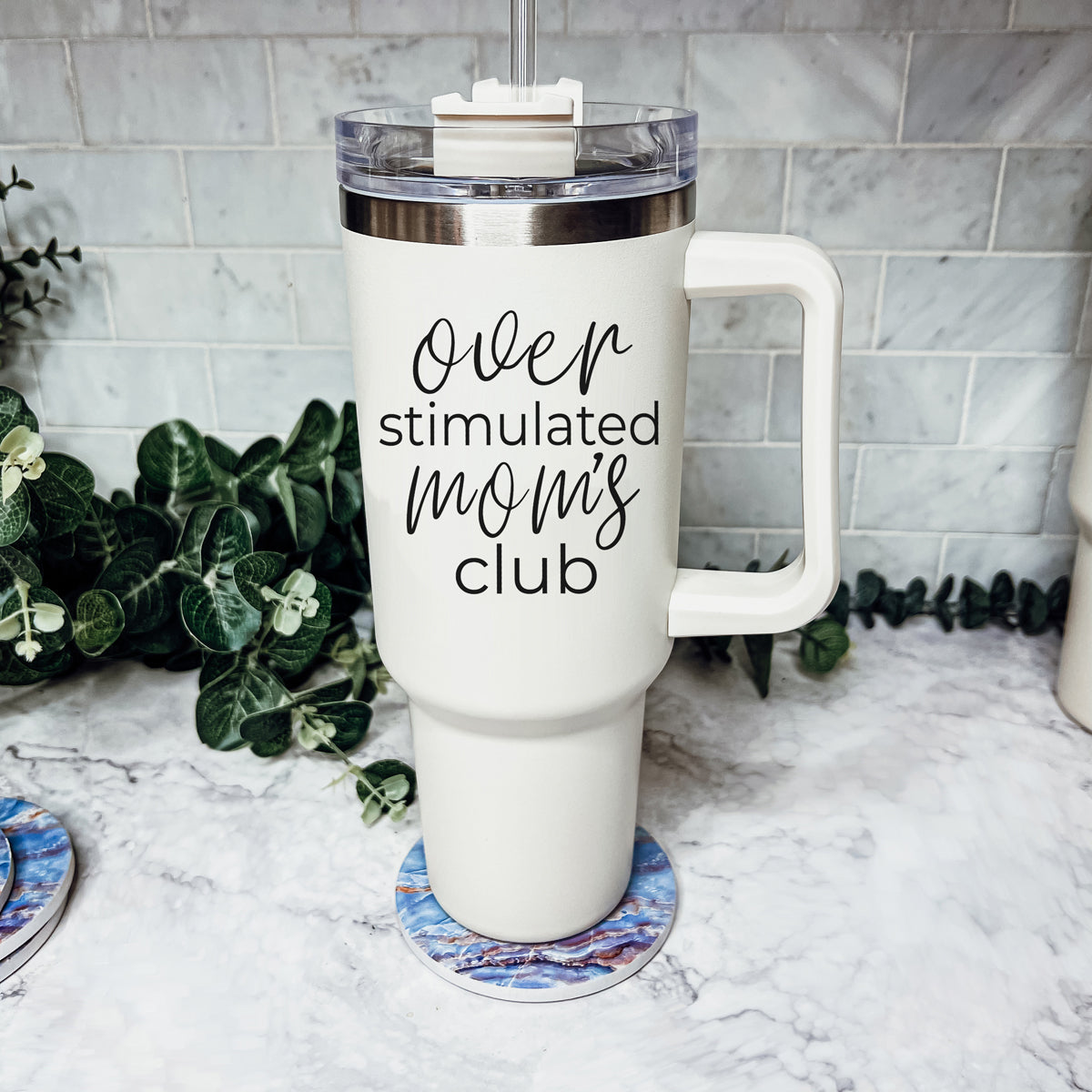 Gobelet de voyage isotherme de 40 oz avec poignée, couvercle et paille pour mamans surexcitées