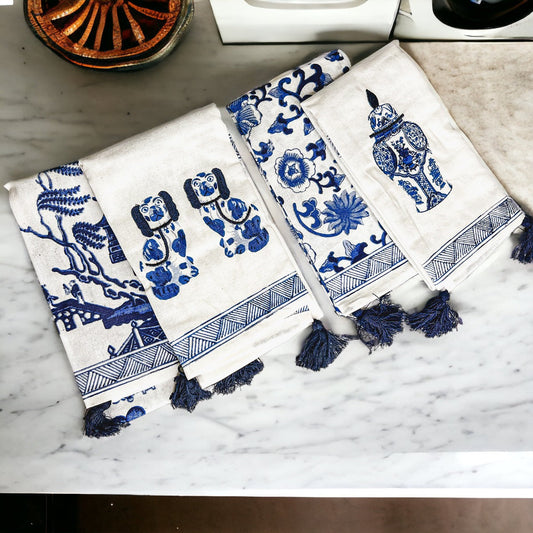 Torchoons de thé chinoiserie 100 % coton surdimensionnés torchons de vaisselle brodés glands
