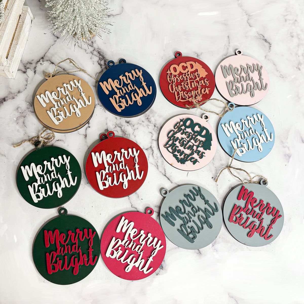 Imperfect Merry Bright 3D Handcrafted Wooden Christmas Ornament Set Limited Edition Tree Hanging Decor
