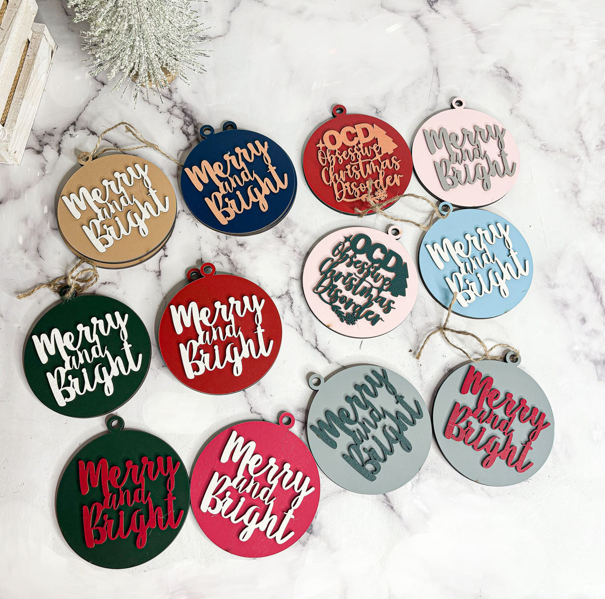 Imperfect Merry Bright 3D Handcrafted Wooden Christmas Ornament Set Limited Edition Tree Hanging Decor
