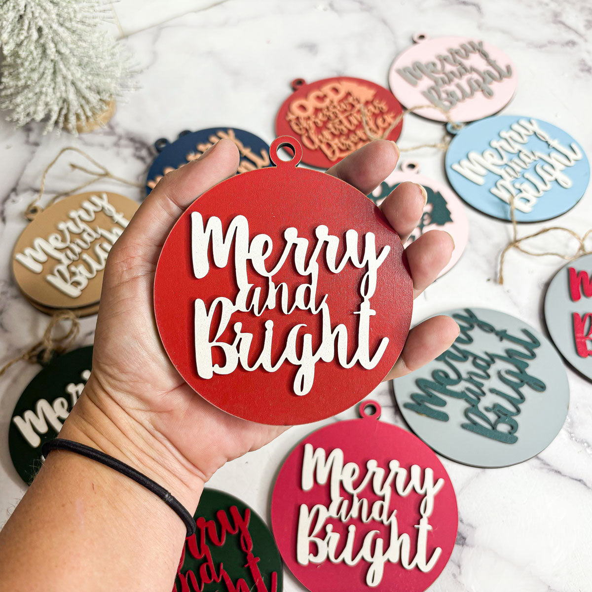 Imperfect Merry Bright 3D Handcrafted Wooden Christmas Ornament Set Limited Edition Tree Hanging Decor