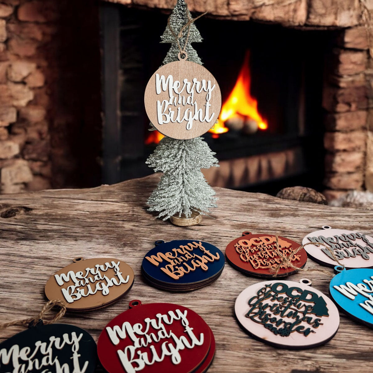 Imperfect Merry Bright 3D Handcrafted Wooden Christmas Ornament Set Limited Edition Tree Hanging Decor