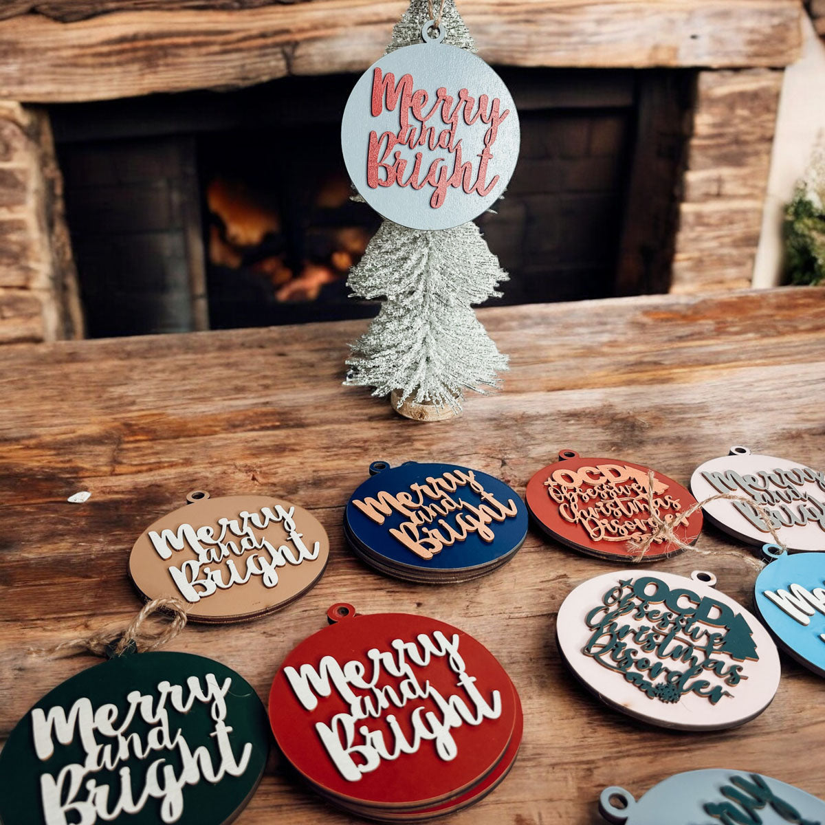 Imperfect Merry Bright 3D Handcrafted Wooden Christmas Ornament Set Limited Edition Tree Hanging Decor