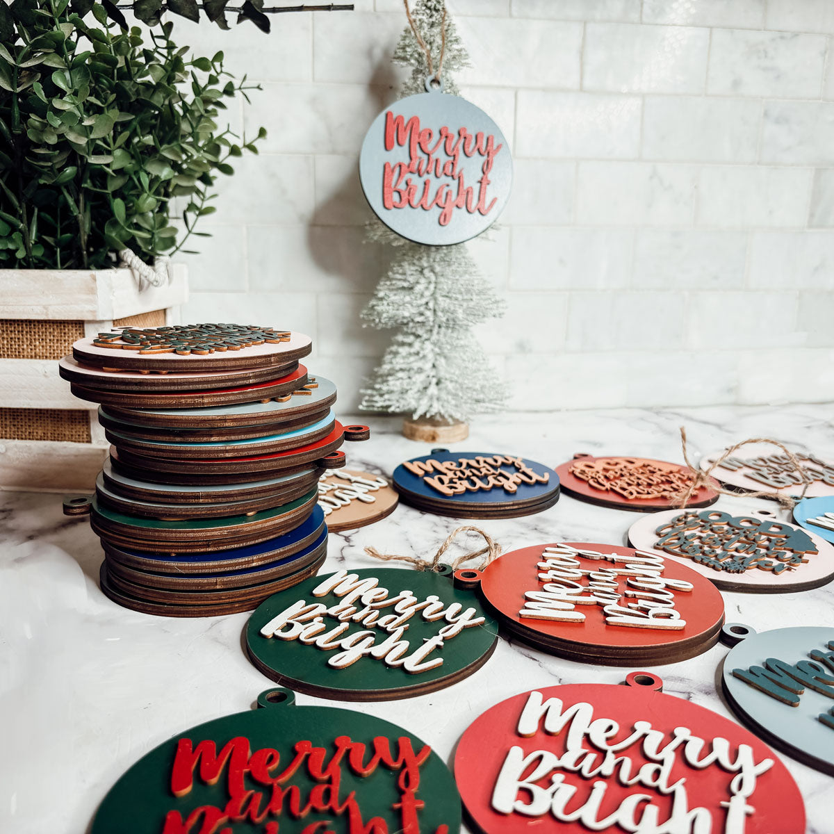 Imperfect Merry Bright 3D Handcrafted Wooden Christmas Ornament Set Limited Edition Tree Hanging Decor