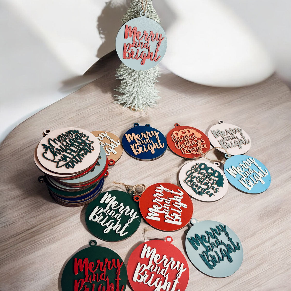 Imperfect Merry Bright 3D Handcrafted Wooden Christmas Ornament Set Limited Edition Tree Hanging Decor