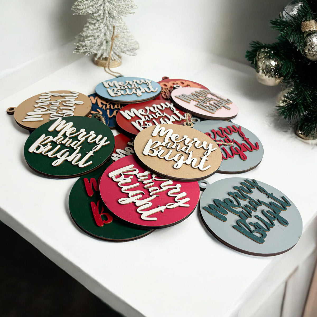 Imperfect Merry Bright 3D Handcrafted Wooden Christmas Ornament Set Limited Edition Tree Hanging Decor