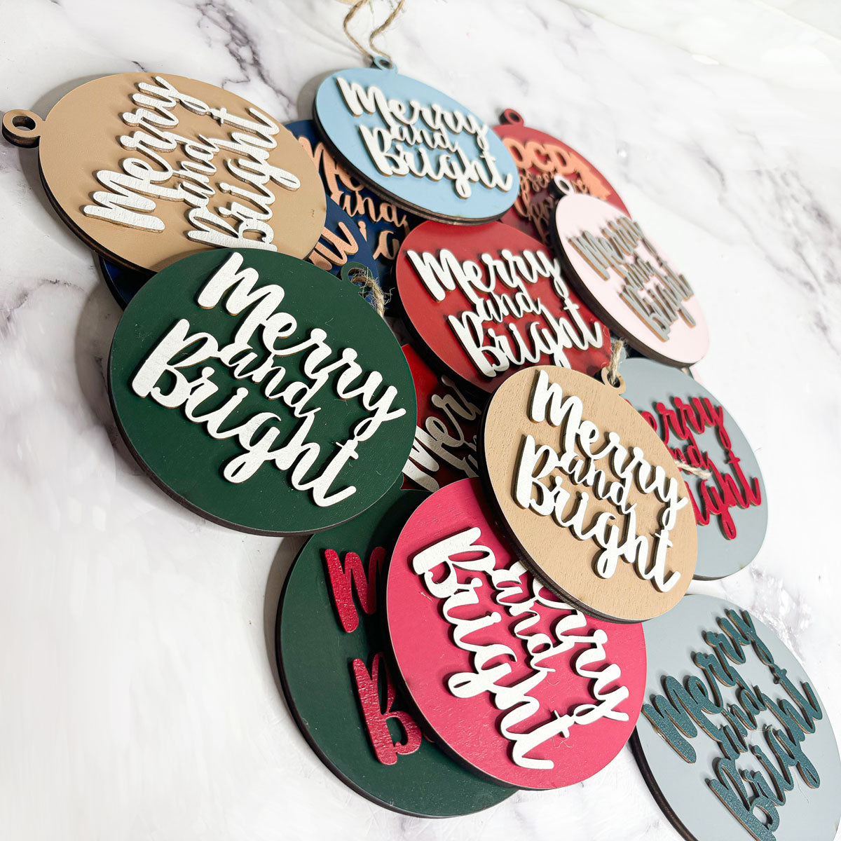 Imperfect Merry Bright 3D Handcrafted Wooden Christmas Ornament Set Limited Edition Tree Hanging Decor