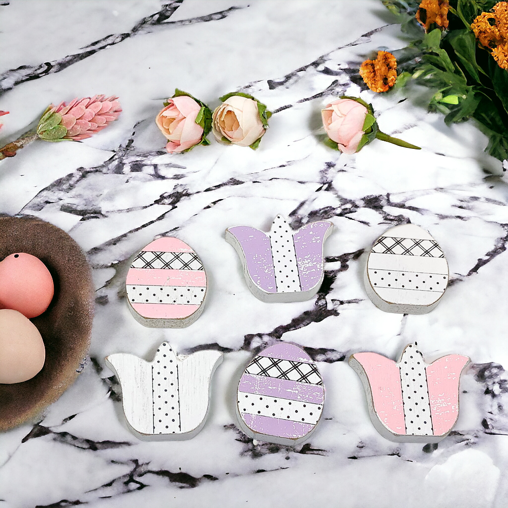 Handmade Wooden Spring Easter Decor 6Pc Accents Tulips And Easter Eggs Mantel Tier Tray Display