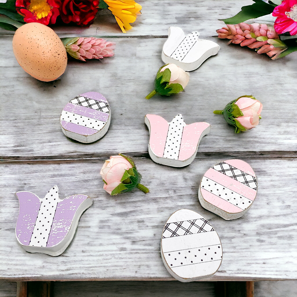 Handmade Wooden Spring Easter Decor 6Pc Accents Tulips And Easter Eggs Mantel Tier Tray Display