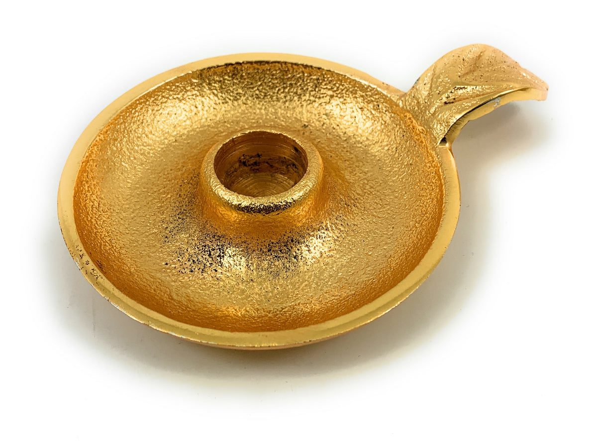 Vibhsa Gold Taper Candlestick Holder Dish | Leaf Handle, Rustic Gold, Aluminum