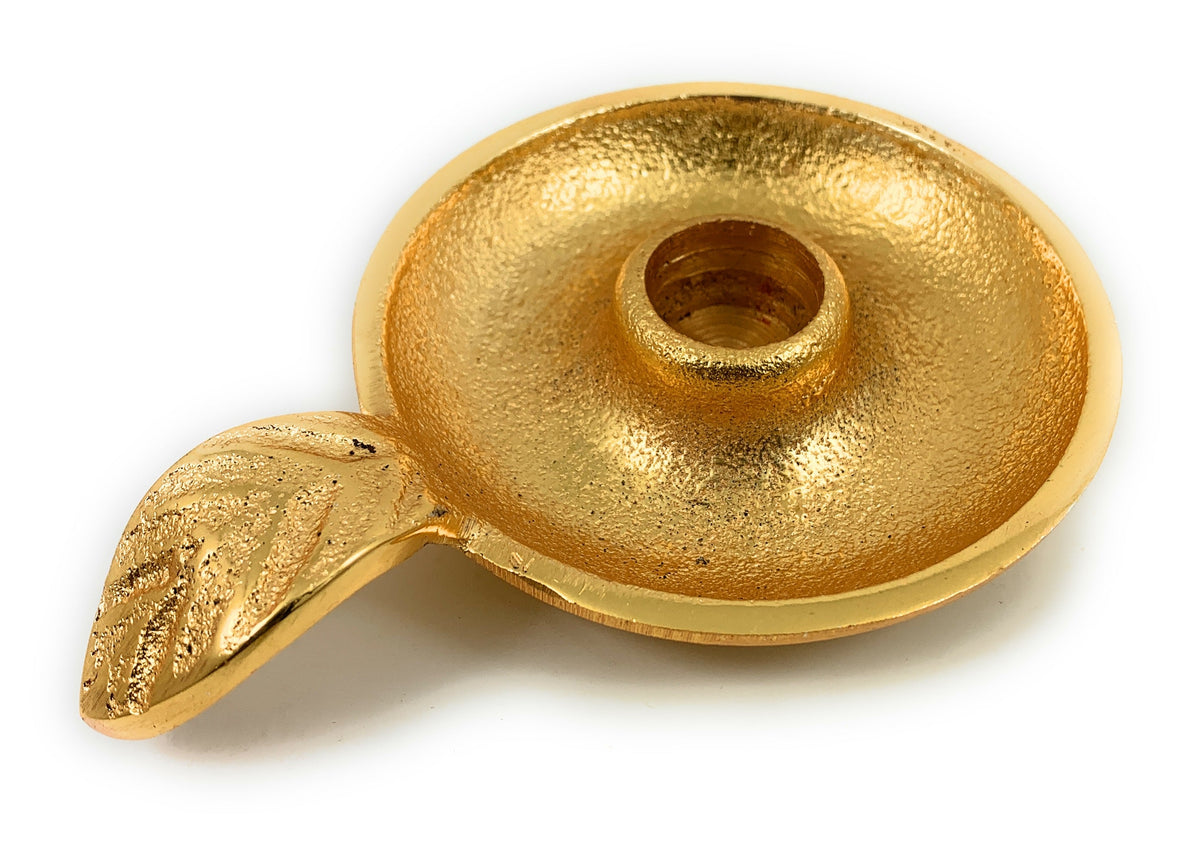 Vibhsa Gold Taper Candlestick Holder Dish | Leaf Handle, Rustic Gold, Aluminum