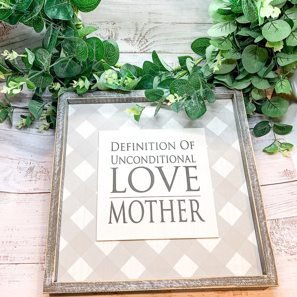 Cadre en Bois Amour Inconditionnel 30x30 cm Style Rustique Décoration Murale Définition Cadeau Fête des Mères pour Maman