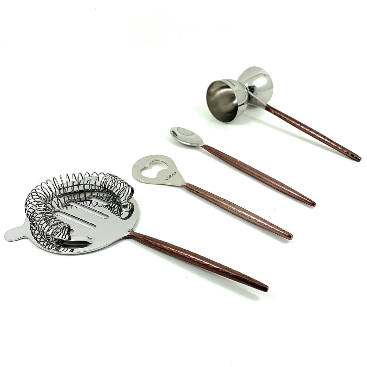 Vibhsa 4-Piece Bar Tools Kit | Copper Hammered PVD Handle, Stainless Steel, Gift Box