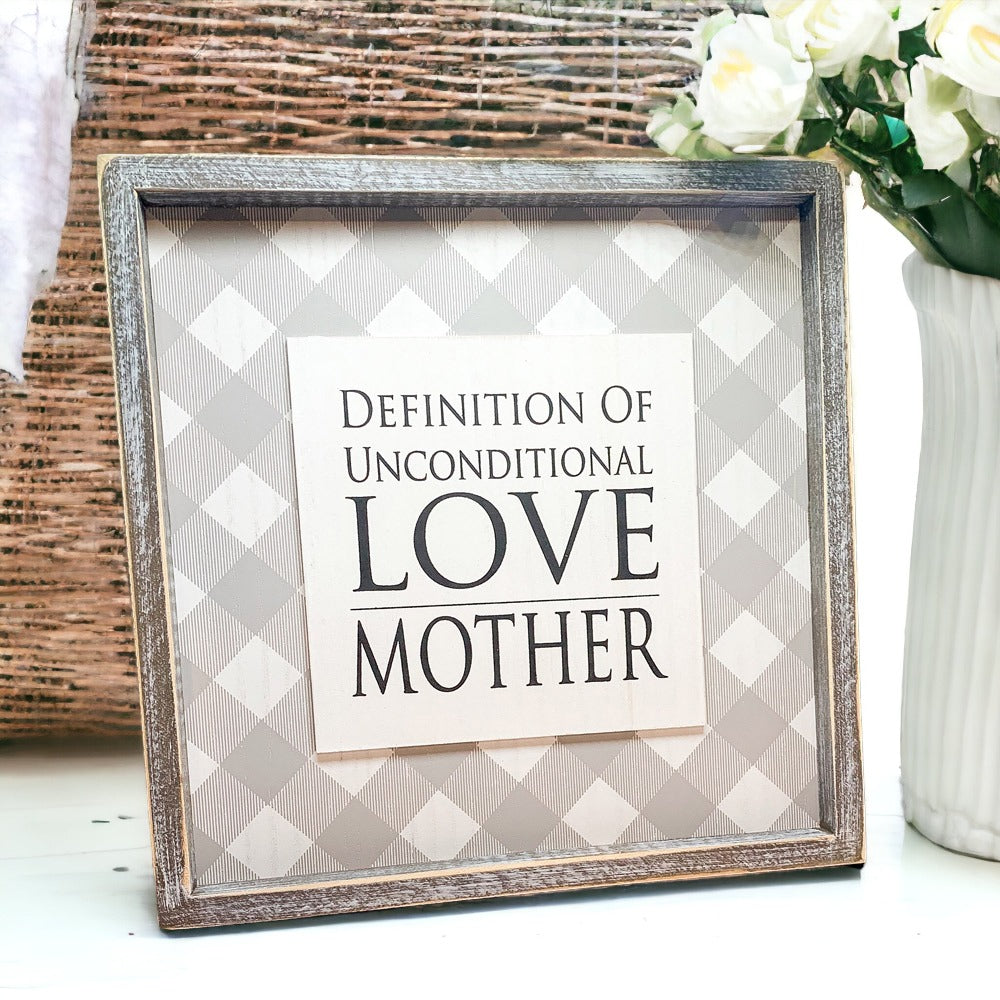 Cadre en Bois Amour Inconditionnel 30x30 cm Style Rustique Décoration Murale Définition Cadeau Fête des Mères pour Maman