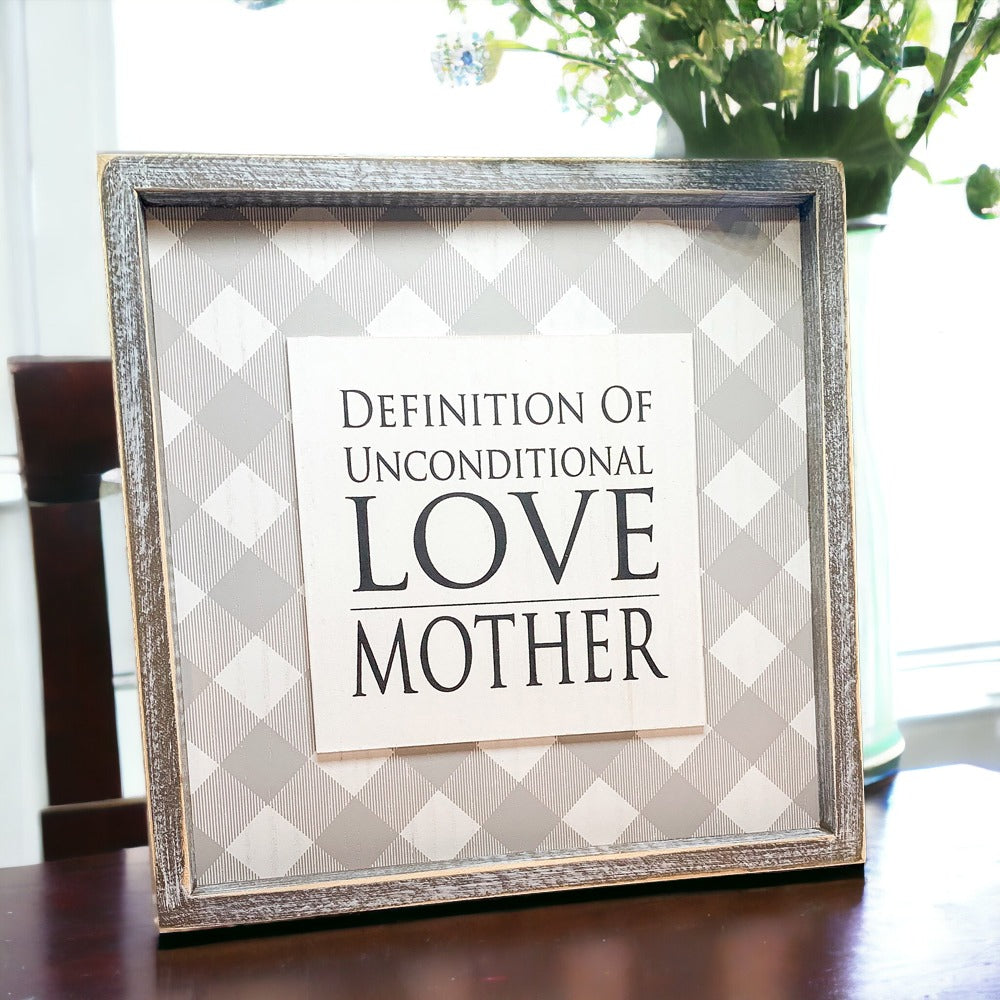 Cadre en Bois Amour Inconditionnel 30x30 cm Style Rustique Décoration Murale Définition Cadeau Fête des Mères pour Maman
