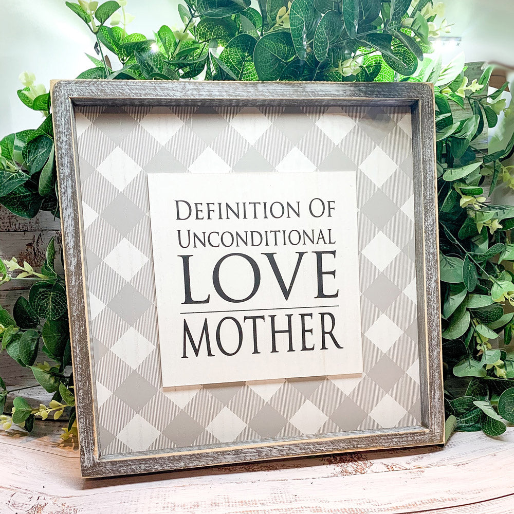 Cadre en Bois Amour Inconditionnel 30x30 cm Style Rustique Décoration Murale Définition Cadeau Fête des Mères pour Maman