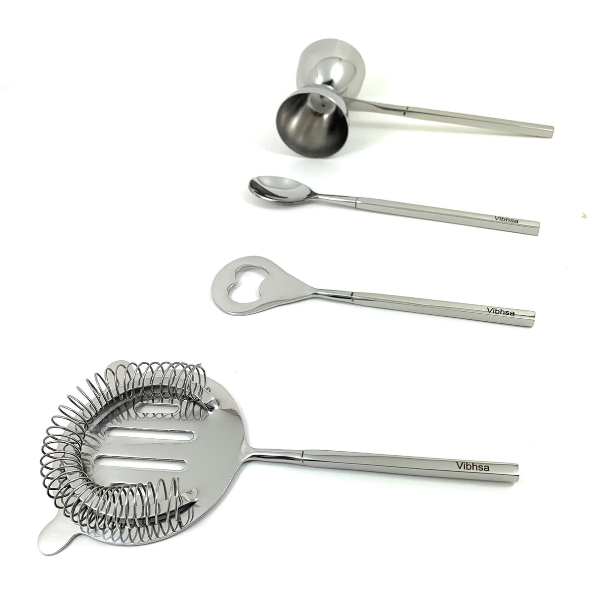 Vibhsa 4-Piece Bar Tools Kit | Silver Glossy Square Handle, Stainless Steel, Gift Box