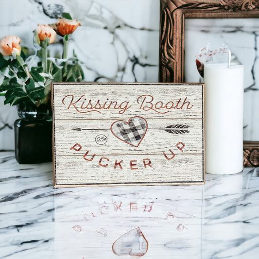 Panneau en bois épais fait main « Kissing Booth » 6 x 4 x 1 pouce Décoration de plateau à plusieurs niveaux pour la Saint-Valentin, étagère de cheminée