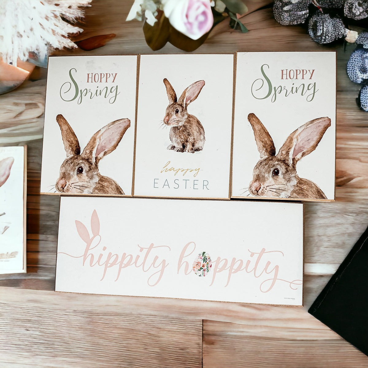 Hippity Hoppity Bunny Easter Home Decor Set Watercolor Bunny Sign Spring Mantel Rustic Farmhouse