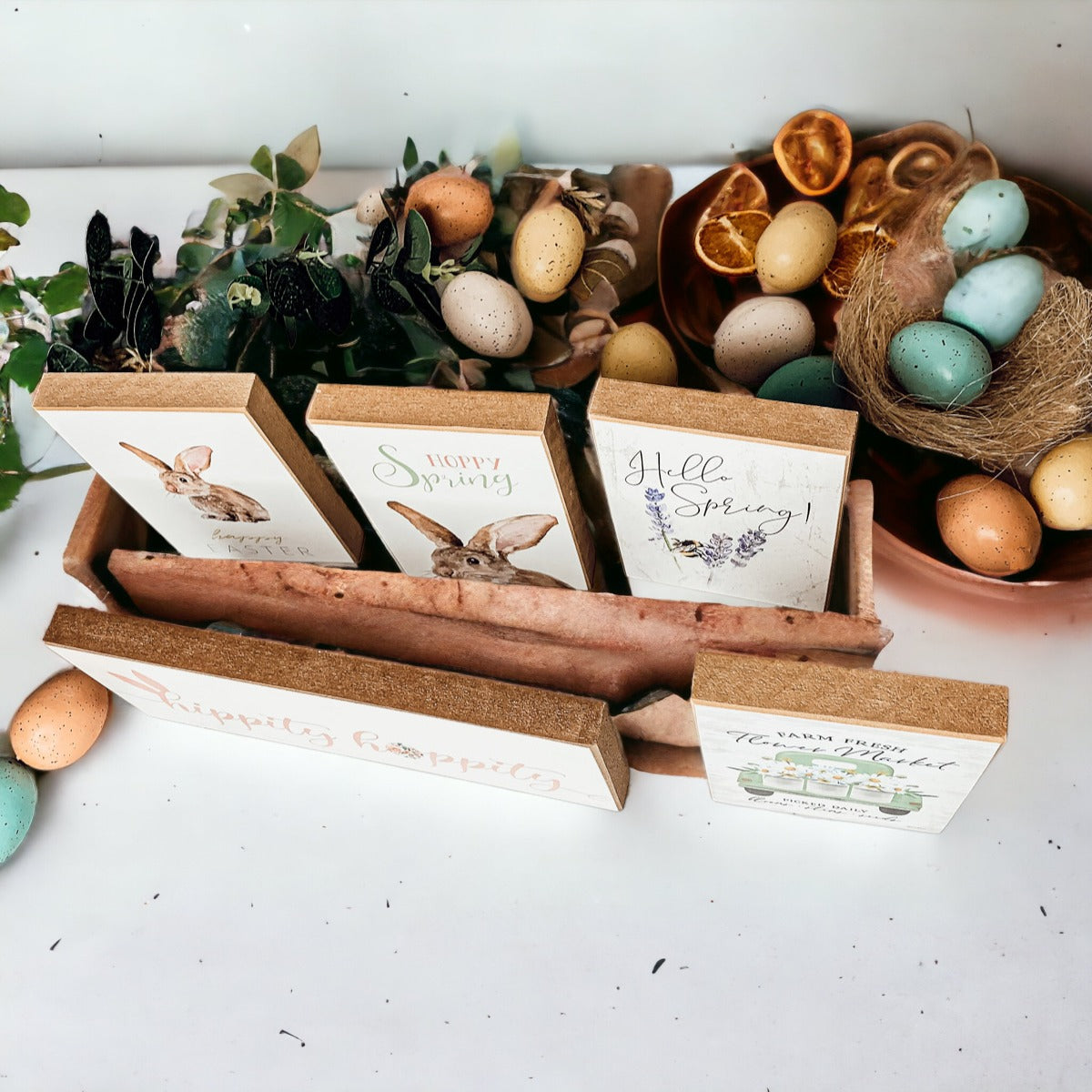 Hippity Hoppity Bunny Easter Home Decor Set Watercolor Bunny Sign Spring Mantel Rustic Farmhouse